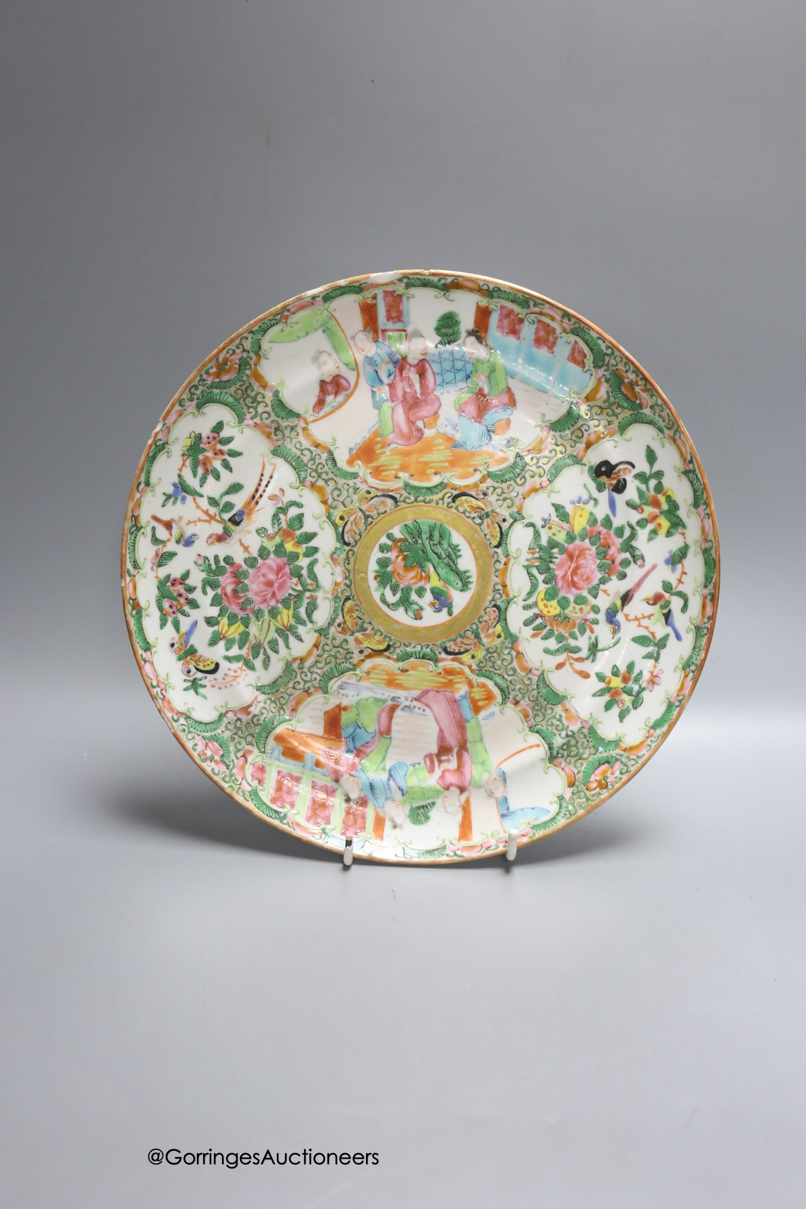 Three 19th century Chinese famille rose dishes and a bowl, 25cm